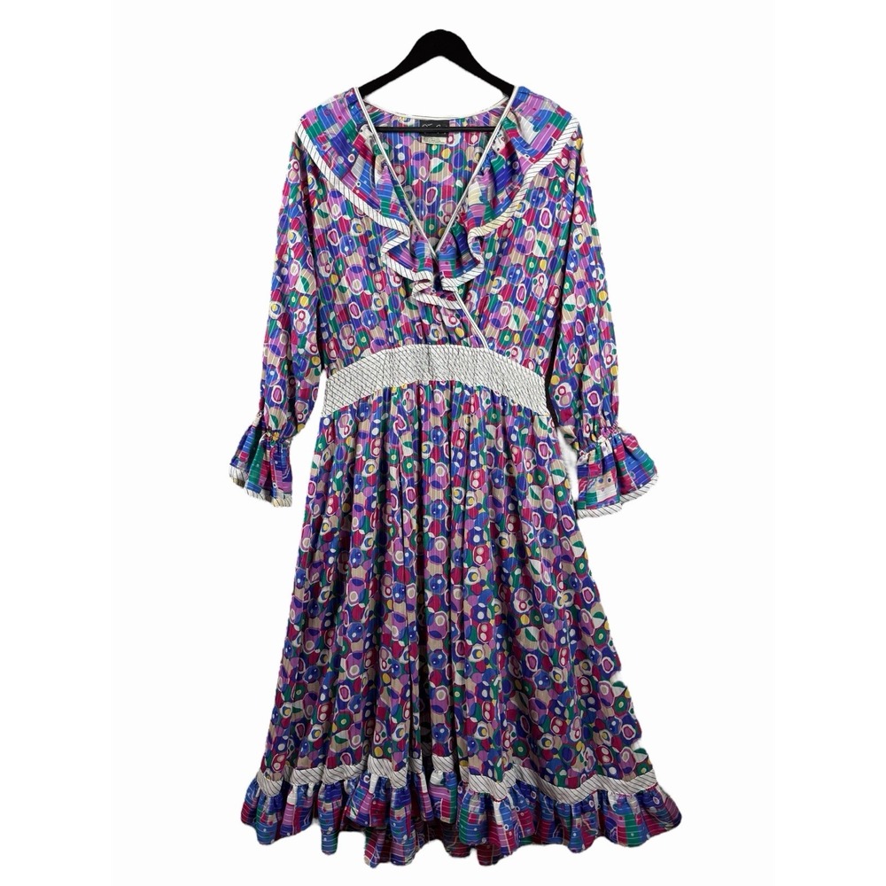 80s Diane Freis Floral Pleated Dress Smocked Waist Ruffle Colorful Abstract